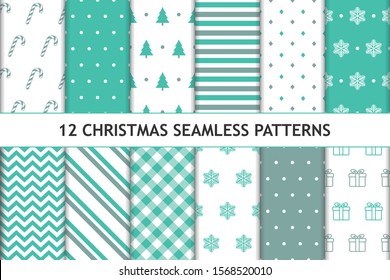 Conjunto de 12 patrones de Navidad sin fisuras. Color turquesa, gris y blanco. Antecedentes de Año Nuevo. Se puede utilizar para impresión textil, papel envolvente, etc. Ilustración vectorial.