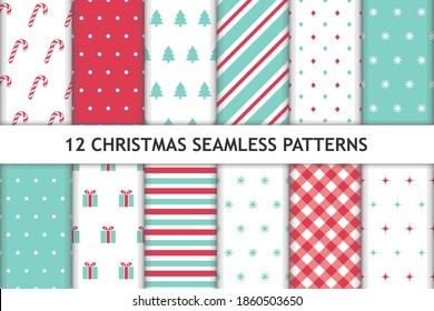 Satz von 12 nahtlosen Weihnachtsmustern. Rot, Grün und Weiß. Hintergründe für das neue Jahr. Kann für den Stoffdruck, für Verpackungspapiere usw. verwendet werden Vektorgrafik.