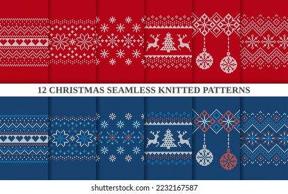 Set of 12 Christmas seamless patterns. Knitted sweater red and blue textures big collection. Set Xmas winter background. Knit holiday fair isle prints. Traditional ornament. Vector illustration