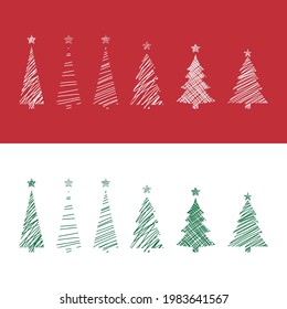 Un conjunto de 12 árboles navideños de dos colores. Ilustración vectorial.
