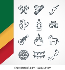 Set of 12 cinco de mayo icons with flag. Celebrate and holidays pack. Outline cinco de mayo symbol collection. Easy to place on your picture. Mono linear pictograms. Vector illustration. EPS 10.