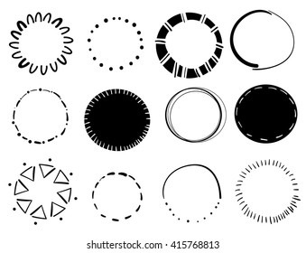 set of 12 circular empty frames. logo design elements. hand drawn geometric frames. vector design elements
