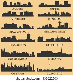 Set of 12 City Silhouette in Ontario, Canada ( Toronto, London, Barrie, Kitchener, Ottawa, Brampton, Windsor, Niagara Falls, Oshawa, Sarnia, Hamilton, Mississauga )