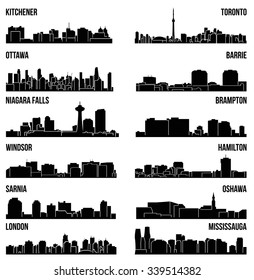 Set of 12 City Silhouette in Ontario, Canada ( Toronto, London, Barrie, Kitchener, Ottawa, Brampton, Windsor, Niagara Falls, Oshawa, Sarnia, Hamilton, Mississauga )