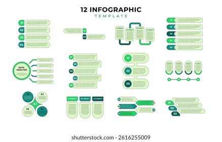 Set of 12 Clean Infographic Layouts for Presentation and Data Visualization. Modern Infographic Template Collection in Green Color Style.