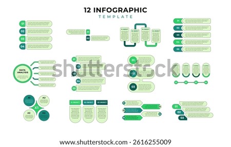 Set of 12 Clean Infographic Layouts for Presentation and Data Visualization. Modern Infographic Template Collection in Green Color Style.