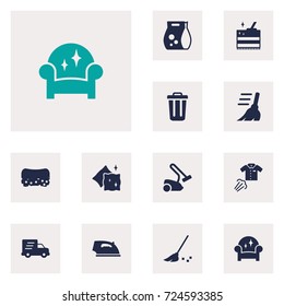 Set Of 12 Cleaning Icons Set.Collection Of Besom, Iron, Cleaning And Other Elements.