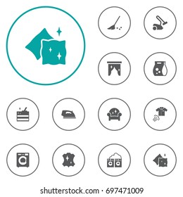Set Of 12 Cleanup Icons Set.Collection Of Iron, Cushion, Curtain And Other Elements.