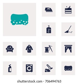 Set Of 12 Cleanup Icons Set.Collection Of Machine, Hoover, Clothes And Other Elements.