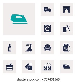 Set Of 12 Cleanup Icons Set.Collection Of Machine, Cushion, Iron And Other Elements.