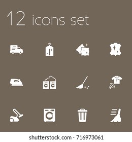 Set Of 12 Cleanup Icons Set.Collection Of Besom, Garbage Container, Cushion And Other Elements.