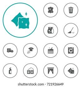 Set Of 12 Cleanup Icons Set.Collection Of Shipping, Besom, Washhouse And Other Elements.