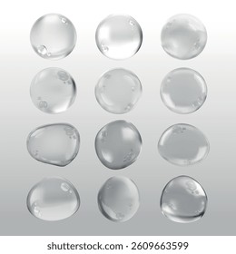 Set of 12 clear water droplets. Water droplets in various shapes. Transparent water droplets on a light background. Realistic water droplets collection. Soap bubble element vector set.