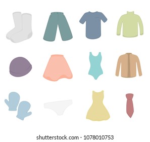 Set of 12 clothing item icons in soft colors.  Transparent background in vector file.