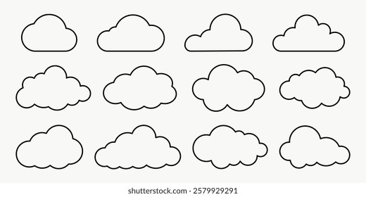 Set of 12 cloud icons in various shapes. Cloud outlines, simple cloud designs, graphics. Perfect for weather apps, themes, cloud illustrations. Weather illustration, vector set.