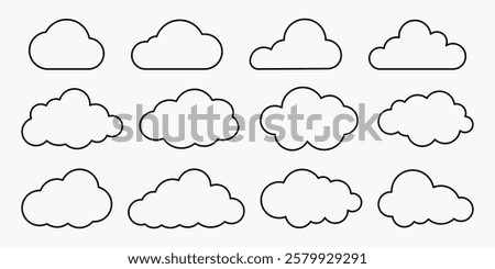 Set of 12 cloud icons in various shapes. Cloud outlines, simple cloud designs, graphics. Perfect for weather apps, themes, cloud illustrations. Weather illustration, vector set.