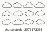 Set of 12 cloud outlines. Simple cloud shapes, black outlines. Minimalist cloud design, varied cloud forms. Perfect for cloud-themed projects. Weather illustration, vector set.