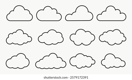 Set of 12 cloud outlines. Simple cloud shapes, black outlines. Minimalist cloud design, varied cloud forms. Perfect for cloud-themed projects. Weather illustration, vector set.