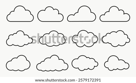 Set of 12 cloud outlines. Simple cloud shapes, black outlines. Minimalist cloud design, varied cloud forms. Perfect for cloud-themed projects. Weather illustration, vector set.