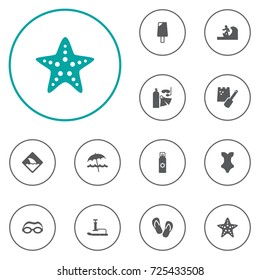 Set Of 12 Coast Icons Set.Collection Of Inflating, Flip Flop, Swimwear And Other Elements.