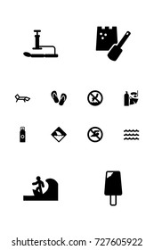 Set Of 12 Coast Icons Set.Collection Of Game, Sundae, Surfing And Other Elements.