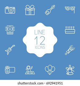 Set Of 12 Cocktail Outline Icons Set.Collection Of Alcohol, Gift, Balloon And Other Elements.