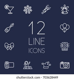 Set Of 12 Cocktail Outline Icons Set.Collection Of Balloon, Amplifier, Bow And Other Elements.