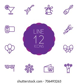 Set Of 12 Cocktail Outline Icons Set.Collection Of Decorative, Firecrackers, Card And Other Elements.