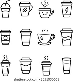 Un conjunto de 12 iconos de taza de café en varios diseños y estilos,