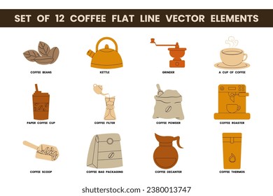Set of 12 coffee flat line vector elements. Vector illustrations with coffee theme and flat line vector style.