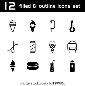 Set of 12 cold filled and outline icons such as ice cream, soda, temperature, energetic drink, hockey puck, winter hat, thermometer