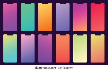 Set of 12 color background with gradients. Used for mobile design applications. Trendy colors swatches palette.