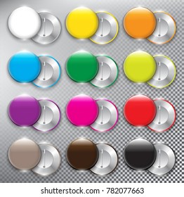 Set of 12 color button vector badges. Glossy button badges. Both sides - face and back with realistic shine and shadow on light background. Vector illustration. Eps10.