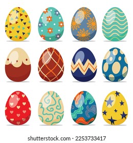 Set of 12 color Easter Eggs with pattern in white background. Design elements for holiday cards. Easter collection with different texture. Cartoon flat style Vector illustration