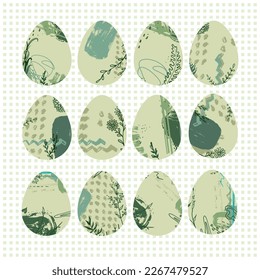 Set of 12 color Easter Eggs with pattern. Design elements for holiday cards. Cartoon flat style Vector illustration.