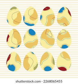 Set of 12 color Easter Eggs with pattern. Design elements for holiday cards. Cartoon flat style Vector illustration.