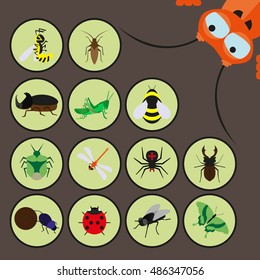 set of 12 color images of arthropods on a green background. Logos, symbol, sign for the company, studies dealing with insects or their destruction. Vector Illustration