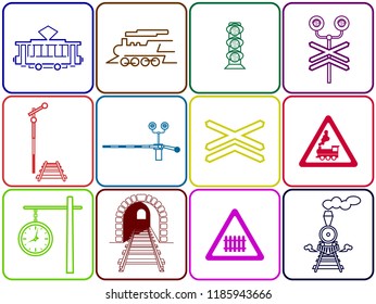 Set of 12 colored square railway icons