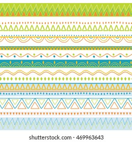 Set of 12 colorful borders.Hand drawn geometric seamless pattern.All objects isolated. Vector Clip art for design.