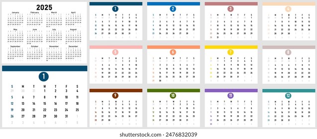 Set of 12 colorful designed calendar pages for 2025. Each week begins on Sunday. Ideal for planners, desk calendars, wall calendars, print media, advertisements, and office stationery