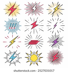 A set of 12 colorful lightning bolt illustrations, perfect for adding a dynamic and energetic touch to your designs. These hand-drawn, vintage-inspired graphics are ideal for comics, branding.