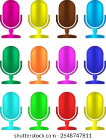 Conjunto de 12 Microfones Coloridos - Gravação de Voz e Ícones de Podcast