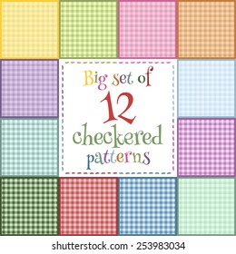 Set of 12 colorful seamless checkered cloth for a picnic in bright colors: yellow, blue, pink, red, green, orange, purple. Seamless texture. Cooking tablecloth, fabric, material, textile.