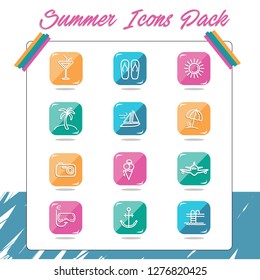 A set of 12 colorful two-tone rounded rectangle icons featuring white drop shadow vectors. Icons depict cocktail, flip-flops, sun, palm, beach, sailboat, camera, ice-cream, plane, diving mask and pool