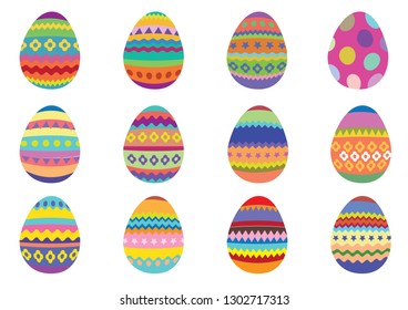 Set of 12 colourful Easter eggs on a white background. Isolated vector illustration.