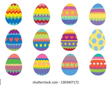 Set of 12 colourful Easter eggs on a white background. Isolated vector illustration.