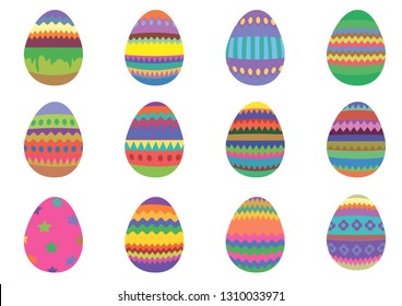 Set of 12 colourful Easter eggs on a white background. Isolated vector illustration.
