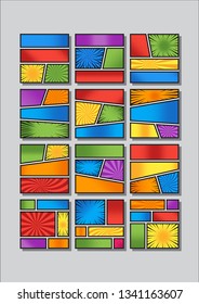 set of 12 comics book blank template layout with pop art style in different colors. background vector illustration. 