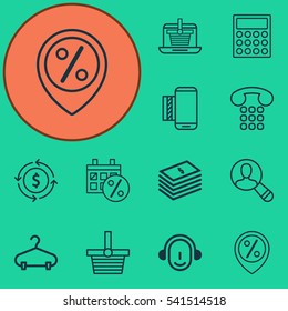 Set Of 12 Commerce Icons. Includes Black Friday, Pannier, Mobile Service And Other Symbols. Beautiful Design Elements.