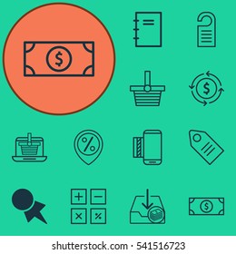 Set Of 12 Commerce Icons. Includes Spiral Notebook, Discount Coupon, Buck And Other Symbols. Beautiful Design Elements.